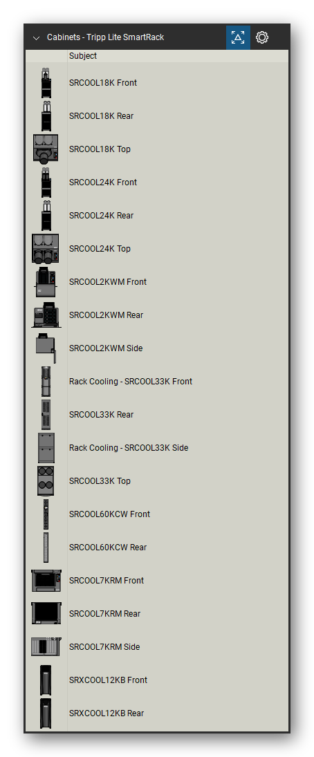 Racks, Cabinets & Cable Pathways tool set for Bluebeam Revu, Tripp Lite SmartRack set (tools 1-20 of 230) - 20 views of 8 devices, front, rear, side and top: SRCOOL18K, SRCOOL24K, SRCOOL2KWM, Rack Cooling - SRCOOL33K, SRCOOL33K, SRCOOL60KCW, SRCOOL7KRM and SRXCOOL12KB. Tool Chest in Detail view, one row per tool with its name.