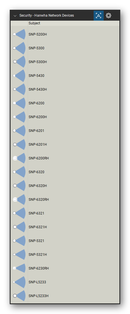 Security & Surveillance tool set for Bluebeam Revu, Hanwha Network Devices set (tools 81-100 of 204) - 20 tools: SNP-5200H, SNP-5300, SNP-5300H, SNP-5430, SNP-5430H, SNP-6200, SNP-6200H, SNP-6201, SNP-6201H, SNP-6200RH and 10 more. Tool Chest in Detail view, one row per tool with its name.