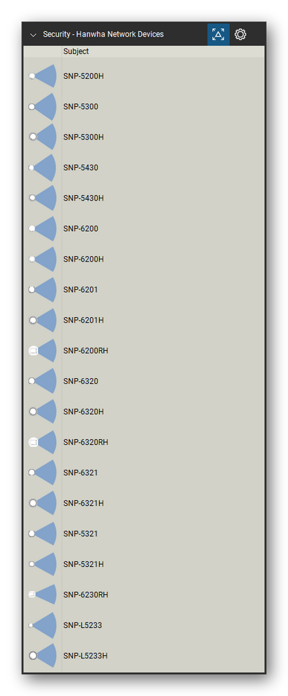 Security & Surveillance tool set for Bluebeam Revu, Hanwha Network Devices set (tools 81-100 of 204) - 20 tools: SNP-5200H, SNP-5300, SNP-5300H, SNP-5430, SNP-5430H, SNP-6200, SNP-6200H, SNP-6201, SNP-6201H, SNP-6200RH and 10 more. Tool Chest in Detail view, one row per tool with its name.