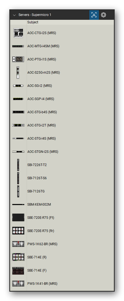 Servers tool set for Bluebeam Revu, Supermicro 1 set (tools 1-20 of 184) - 20 views of 19 devices, front and rear: AOC-CTG-i2S (MRS), AOC-MTG-i4SM (MRS), AOC-PTG-i1S (MRS), AOC-S25G-m2S (MRS), AOC-SG-i2 (MRS), AOC-SGP-i4 (MRS), AOC-STG-b4S (MRS), AOC-STG-i2T (MRS), AOC-STG-i4S (MRS), AOC-STGN-i2S (MRS) and 9 more. Tool Chest in Detail view, one row per tool with its name.