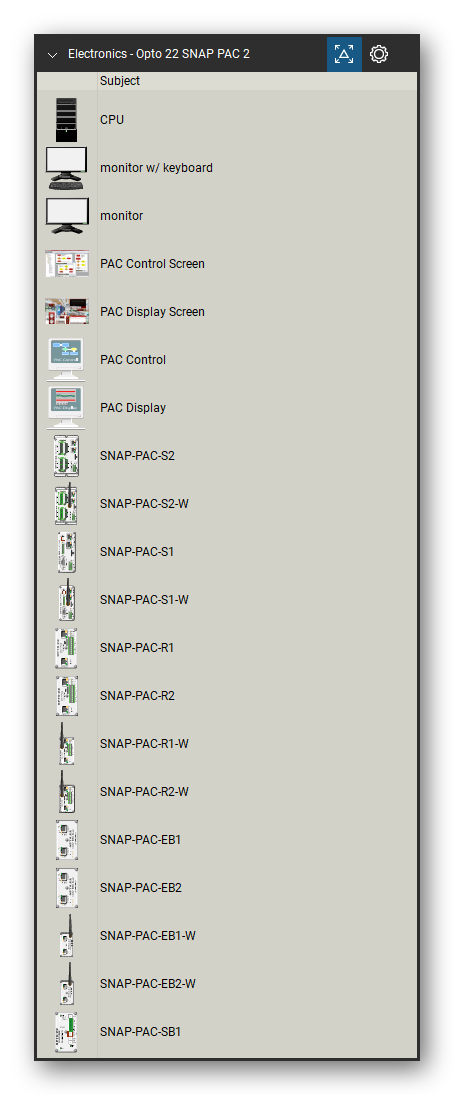 Automation & Electronics tool set for Bluebeam Revu, Opto 22 SNAP PAC 2 set (tools 1-20 of 150) - 20 tools: CPU, monitor w/ keyboard, monitor, PAC Control Screen, PAC Display Screen, PAC Control, PAC Display, SNAP-PAC-S2, SNAP-PAC-S2-W, SNAP-PAC-S1 and 10 more. Tool Chest in Detail view, one row per tool with its name.