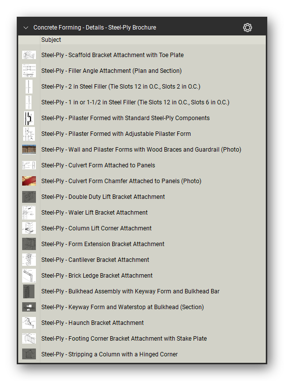 Details steel ply brochure in the Concrete Forming Takeoff & Estimating Bluebeam tool set (sheet 3 of 5)