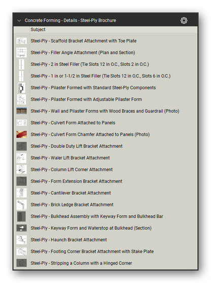 Details steel ply brochure in the Concrete Forming Takeoff & Estimating Bluebeam tool set (sheet 3 of 5)