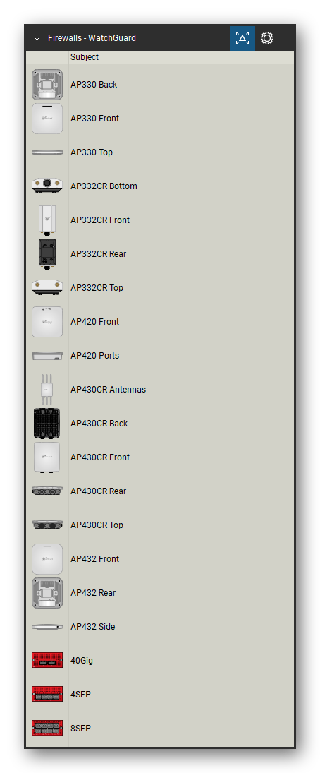 Firewalls & Security Appliances tool set for Bluebeam Revu, WatchGuard set (tools 21-40 of 136) - 20 views of 10 devices, front, rear, side, top and bottom: AP330, AP332CR, AP420, AP420 Ports, AP430CR Antennas, AP430CR, AP432, 40Gig, 4SFP and 8SFP. Tool Chest in Detail view, one row per tool with its name.