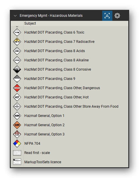 Incident & Emergency Management tool set for Bluebeam Revu, Hazardous Materials set (tools 30-42 of 42) - 13 tools: HazMat DOT Placarding, Class 6 Toxic, HazMat DOT Placarding, Class 7 Radioactive, HazMat DOT Placarding, Class 8 Acids, HazMat DOT Placarding, Class 8 Alkaline, HazMat DOT Placarding, Class 8 Corrosive, HazMat DOT Placarding, Class 9, HazMat DOT Placarding, Class Other, HazMat DOT Placarding, Class Other, Hot and more. Tool Chest in Detail view, one row per tool with its name.