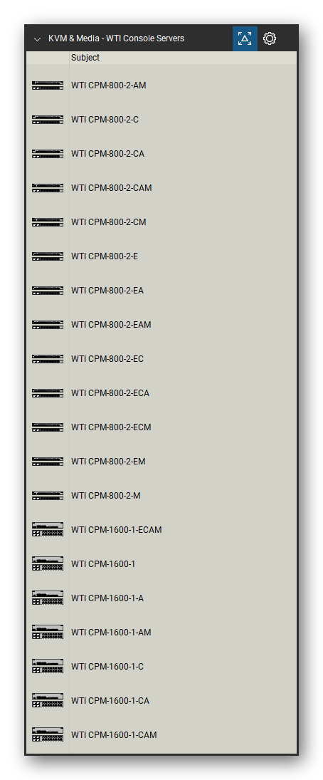 KVM, Console Servers & Media Converters tool set for Bluebeam Revu, WTI Console Servers set (tools 21-40 of 133) - 20 tools: WTI CPM-800-2-AM, WTI CPM-800-2-C, WTI CPM-800-2-CA, WTI CPM-800-2-CAM, WTI CPM-800-2-CM, WTI CPM-800-2-E, WTI CPM-800-2-EA, WTI CPM-800-2-EAM, WTI CPM-800-2-EC, WTI CPM-800-2-ECA and 10 more. Tool Chest in Detail view, one row per tool with its name.