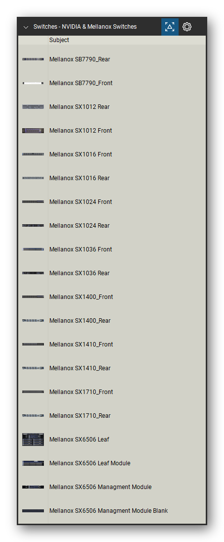 Network Switches & Routers tool set for Bluebeam Revu, NVIDIA & Mellanox Switches set (tools 1-20 of 125) - 20 views of 16 devices, front and rear: Mellanox SB7790_Rear, Mellanox SB7790_Front, Mellanox SX1012, Mellanox SX1016, Mellanox SX1024, Mellanox SX1036, Mellanox SX1400_Front, Mellanox SX1400_Rear, Mellanox SX1410_Front, Mellanox SX1410_Rear and 6 more. Tool Chest in Detail view, one row per tool with its name.