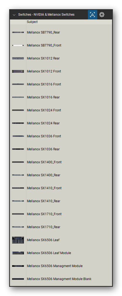 Network Switches & Routers tool set for Bluebeam Revu, NVIDIA & Mellanox Switches set (tools 1-20 of 125) - 20 views of 16 devices, front and rear: Mellanox SB7790_Rear, Mellanox SB7790_Front, Mellanox SX1012, Mellanox SX1016, Mellanox SX1024, Mellanox SX1036, Mellanox SX1400_Front, Mellanox SX1400_Rear, Mellanox SX1410_Front, Mellanox SX1410_Rear and 6 more. Tool Chest in Detail view, one row per tool with its name.