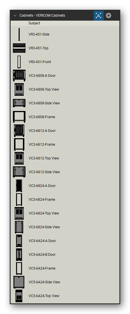 Racks, Cabinets & Cable Pathways tool set for Bluebeam Revu, VERICOM Cabinets set (tools 1-20 of 162) - 20 views of 14 devices, front, side and top: VR3-451, VC3-6808-A Door, VC3-6808, VC3-6808-Frame, VC3-6812-A Door, VC3-6812-Frame, VC3-6812, VC3-6824-A Door, VC3-6824-Frame, VC3-6824 and 4 more. Tool Chest in Detail view, one row per tool with its name.