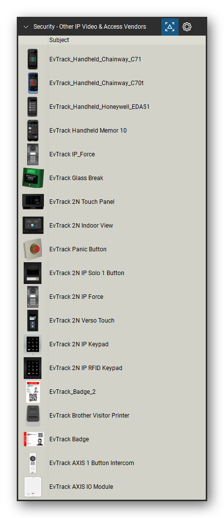Security & Surveillance tool set for Bluebeam Revu, Other IP Video & Access Vendors set (tools 1-19 of 54) - 19 tools: EvTrack_Handheld_Chainway_C71, EvTrack_Handheld_Chainway_C70t, EvTrack_Handheld_Honeywell_EDA51, EvTrack Handheld Memor 10, EvTrack IP_Force, EvTrack Glass Break, EvTrack 2N Touch Panel, EvTrack 2N Indoor View, EvTrack Panic Button, EvTrack 2N IP Solo 1 Button and 9 more. Tool Chest in Detail view, one row per tool with its name.