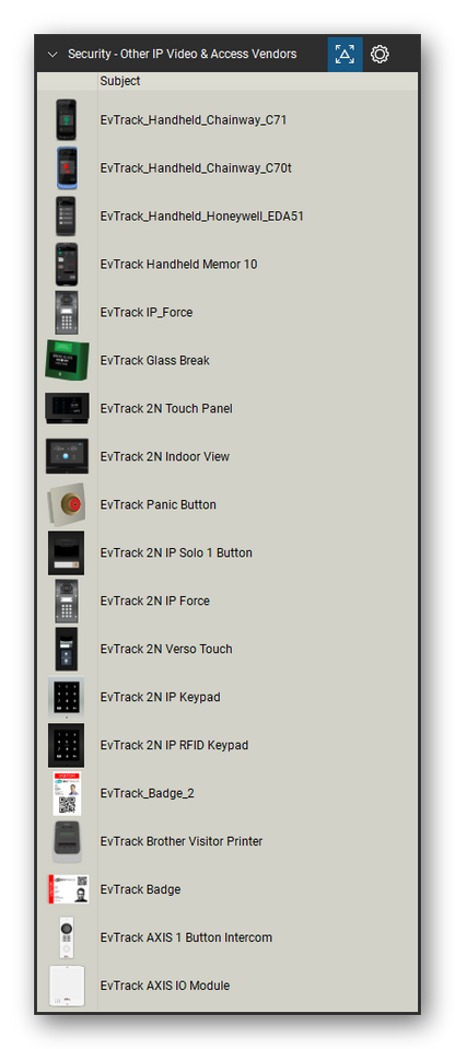 Security & Surveillance tool set for Bluebeam Revu, Other IP Video & Access Vendors set (tools 1-19 of 54) - 19 tools: EvTrack_Handheld_Chainway_C71, EvTrack_Handheld_Chainway_C70t, EvTrack_Handheld_Honeywell_EDA51, EvTrack Handheld Memor 10, EvTrack IP_Force, EvTrack Glass Break, EvTrack 2N Touch Panel, EvTrack 2N Indoor View, EvTrack Panic Button, EvTrack 2N IP Solo 1 Button and 9 more. Tool Chest in Detail view, one row per tool with its name.