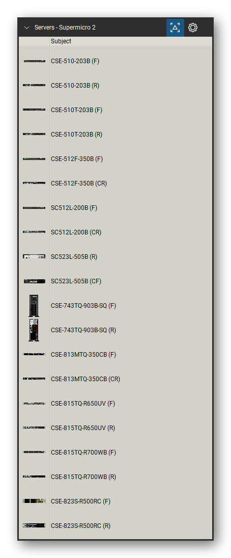 Servers tool set for Bluebeam Revu, Supermicro 2 set (tools 1-20 of 160) - 20 views of 10 devices, front and rear: CSE-510-203B, CSE-510T-203B, CSE-512F-350B, SC512L-200B, SC523L-505B, CSE-743TQ-903B-SQ, CSE-813MTQ-350CB, CSE-815TQ-R650UV, CSE-815TQ-R700WB and CSE-823S-R500RC. Tool Chest in Detail view, one row per tool with its name.