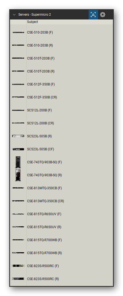 Servers tool set for Bluebeam Revu, Supermicro 2 set (tools 1-20 of 160) - 20 views of 10 devices, front and rear: CSE-510-203B, CSE-510T-203B, CSE-512F-350B, SC512L-200B, SC523L-505B, CSE-743TQ-903B-SQ, CSE-813MTQ-350CB, CSE-815TQ-R650UV, CSE-815TQ-R700WB and CSE-823S-R500RC. Tool Chest in Detail view, one row per tool with its name.