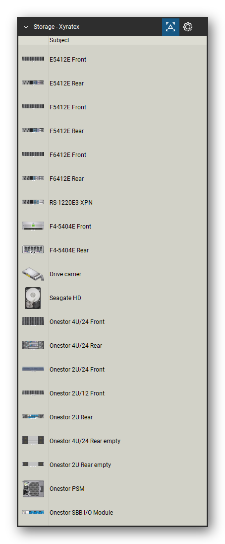 Storage & Backup tool set for Bluebeam Revu, Xyratex set (tools 1-20 of 29) - 20 views of 15 devices, front and rear: E5412E, F5412E, F6412E, RS-1220E3-XPN, F4-5404E, Drive carrier, Seagate HD, Onestor 4U/24, Onestor 2U/24, Onestor 2U/12 and 5 more. Tool Chest in Detail view, one row per tool with its name.
