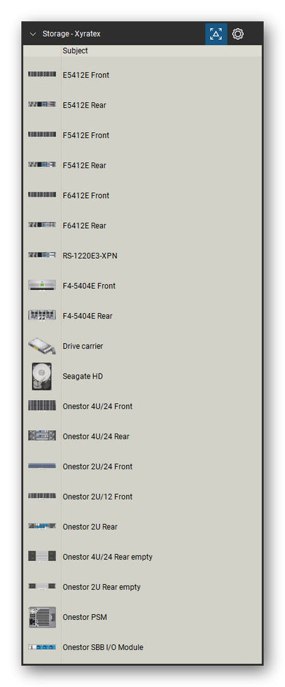 Storage & Backup tool set for Bluebeam Revu, Xyratex set (tools 1-20 of 29) - 20 views of 15 devices, front and rear: E5412E, F5412E, F6412E, RS-1220E3-XPN, F4-5404E, Drive carrier, Seagate HD, Onestor 4U/24, Onestor 2U/24, Onestor 2U/12 and 5 more. Tool Chest in Detail view, one row per tool with its name.