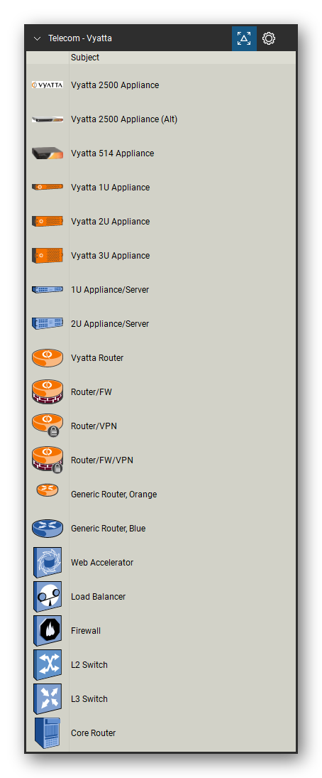 Telecom, Voice & Wireless tool set for Bluebeam Revu, Vyatta set (tools 1-20 of 25) - 20 tools: Vyatta 2500 Appliance, Vyatta 514 Appliance, Vyatta 1U Appliance, Vyatta 2U Appliance, Vyatta 3U Appliance, 1U Appliance/Server, 2U Appliance/Server, Vyatta Router, Router/FW, Router/VPN and 9 more. Tool Chest in Detail view, one row per tool with its name.