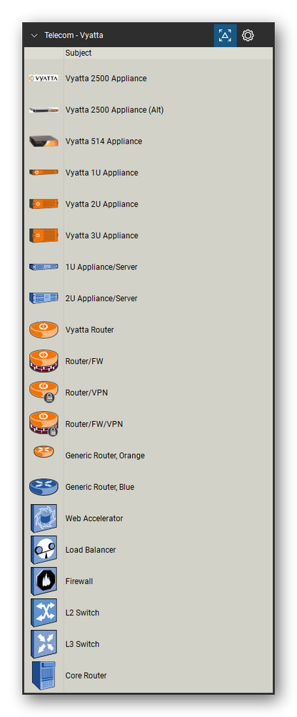 Telecom, Voice & Wireless tool set for Bluebeam Revu, Vyatta set (tools 1-20 of 25) - 20 tools: Vyatta 2500 Appliance, Vyatta 514 Appliance, Vyatta 1U Appliance, Vyatta 2U Appliance, Vyatta 3U Appliance, 1U Appliance/Server, 2U Appliance/Server, Vyatta Router, Router/FW, Router/VPN and 9 more. Tool Chest in Detail view, one row per tool with its name.