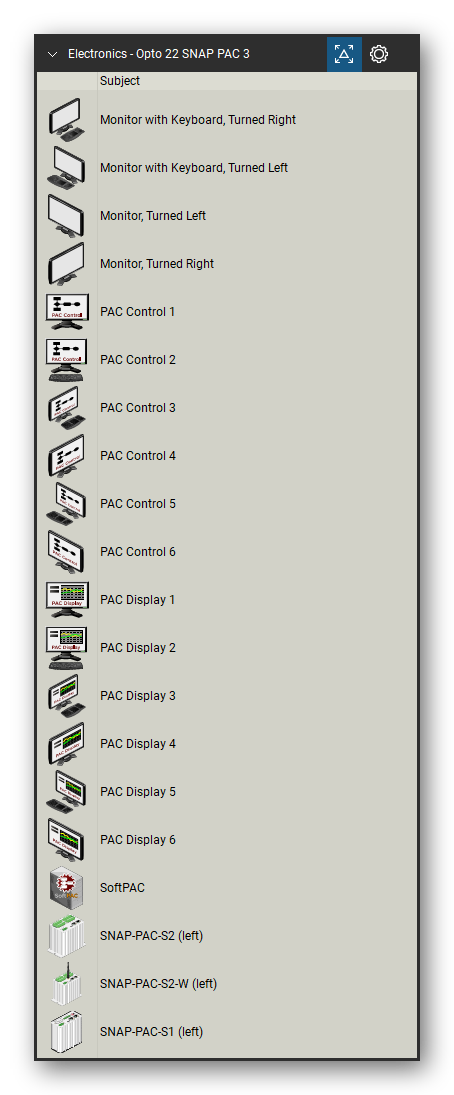 Automation & Electronics tool set for Bluebeam Revu, Opto 22 SNAP PAC 3 set (tools 1-20 of 310) - 20 views of 18 devices, side: Monitor with Keyboard, Turned, Monitor, Turned, PAC Control 1, PAC Control 2, PAC Control 3, PAC Control 4, PAC Control 5, PAC Control 6, PAC Display 1, PAC Display 2 and 8 more. Tool Chest in Detail view, one row per tool with its name.