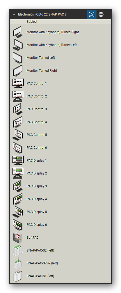 Automation & Electronics tool set for Bluebeam Revu, Opto 22 SNAP PAC 3 set (tools 1-20 of 310) - 20 views of 18 devices, side: Monitor with Keyboard, Turned, Monitor, Turned, PAC Control 1, PAC Control 2, PAC Control 3, PAC Control 4, PAC Control 5, PAC Control 6, PAC Display 1, PAC Display 2 and 8 more. Tool Chest in Detail view, one row per tool with its name.
