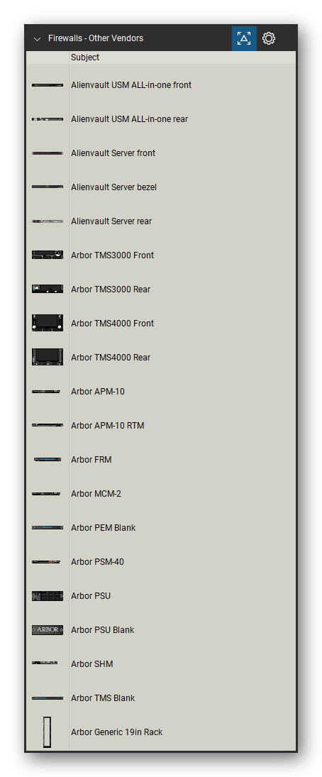 Firewalls & Security Appliances tool set for Bluebeam Revu, Other Vendors set (tools 1-20 of 117) - 20 views of 16 devices, front and rear: Alienvault USM ALL-in-one, Alienvault Server, Alienvault Server bezel, Arbor TMS3000, Arbor TMS4000, Arbor APM-10, Arbor APM-10 RTM, Arbor FRM, Arbor MCM-2, Arbor PEM Blank and 6 more. Tool Chest in Detail view, one row per tool with its name.