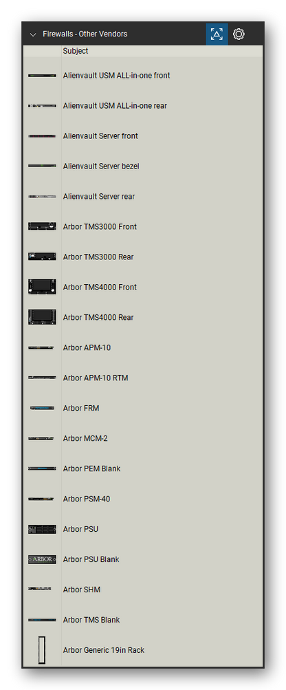 Firewalls & Security Appliances tool set for Bluebeam Revu, Other Vendors set (tools 1-20 of 117) - 20 views of 16 devices, front and rear: Alienvault USM ALL-in-one, Alienvault Server, Alienvault Server bezel, Arbor TMS3000, Arbor TMS4000, Arbor APM-10, Arbor APM-10 RTM, Arbor FRM, Arbor MCM-2, Arbor PEM Blank and 6 more. Tool Chest in Detail view, one row per tool with its name.