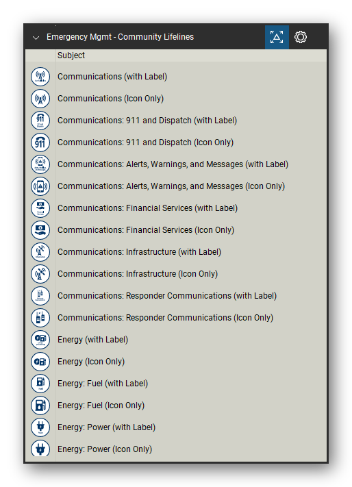 Incident & Emergency Management tool set for Bluebeam Revu, Community Lifelines set (tools 1-18 of 70) - 18 tools: Communications (with Label), Communications (Icon Only), Communications: 911 and Dispatch, Communications: 911 and Dispatch (Icon Only), Communications: Alerts, Warnings, Communications: Financial Services, Communications: Financial Services (Icon, Communications: Infrastructure (with Label) and more. Tool Chest in Detail view, one row per tool with its name.