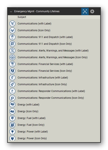 Incident & Emergency Management tool set for Bluebeam Revu, Community Lifelines set (tools 1-18 of 70) - 18 tools: Communications (with Label), Communications (Icon Only), Communications: 911 and Dispatch, Communications: 911 and Dispatch (Icon Only), Communications: Alerts, Warnings, Communications: Financial Services, Communications: Financial Services (Icon, Communications: Infrastructure (with Label) and more. Tool Chest in Detail view, one row per tool with its name.