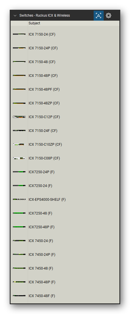 Network Switches & Routers tool set for Bluebeam Revu, Ruckus ICX & Wireless set (tools 1-20 of 303) - 20 tools: ICX 7150-24, ICX 7150-24P, ICX 7150-48, ICX 7150-48P, ICX 7150-48PF, ICX 7150-48ZP, ICX 7150-C12P, ICX 7150-24F, ICX 7150-C10ZP, ICX 7150-C08P and 10 more. Tool Chest in Detail view, one row per tool with its name.