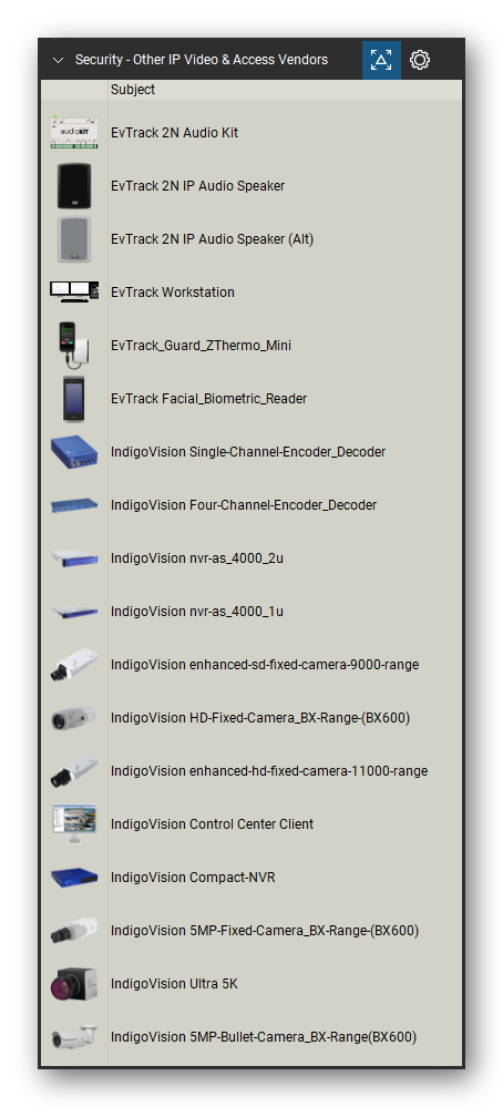 Security & Surveillance tool set for Bluebeam Revu, Other IP Video & Access Vendors set (tools 20-37 of 54) - 18 tools: EvTrack 2N Audio Kit, EvTrack 2N IP Audio Speaker, EvTrack Workstation, EvTrack_Guard_ZThermo_Mini, EvTrack Facial_Biometric_Reader, IndigoVision Single-Channel-Encoder_Decoder, IndigoVision Four-Channel-Encoder_Decoder, IndigoVision nvr-as_4000_2u, IndigoVision nvr-as_4000_1u, IndigoVision and 7 more. Tool Chest in Detail view, one row per tool with its name.