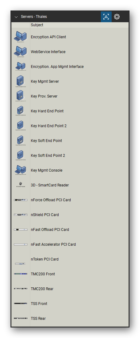 Servers tool set for Bluebeam Revu, Thales set (tools 1-20 of 30) - 20 views of 18 devices, front and rear: Encryption API Client, WebService Interface, Encryption. App Mgmt Interface, Key Mgmt Server, Key Prov. Server, Key Hard End Point, Key Hard End Point 2, Key Soft End Point, Key Soft End Point 2, Key Mgmt Console and 8 more. Tool Chest in Detail view, one row per tool with its name.