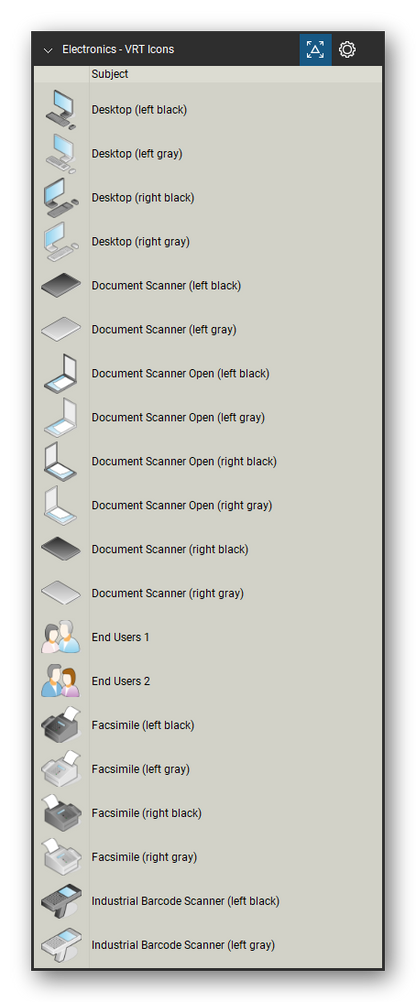 Automation & Electronics tool set for Bluebeam Revu, VRT Icons set (tools 1-20 of 207) - 20 tools: Desktop (left black), Desktop (left gray), Desktop (right black), Desktop (right gray), Document Scanner (left black), Document Scanner (left gray), Document Scanner Open (left black), Document Scanner Open (left gray), Document Scanner Open (right black), Document Scanner Open (right gray) and 10 more. Tool Chest in Detail view, one row per tool with its name.