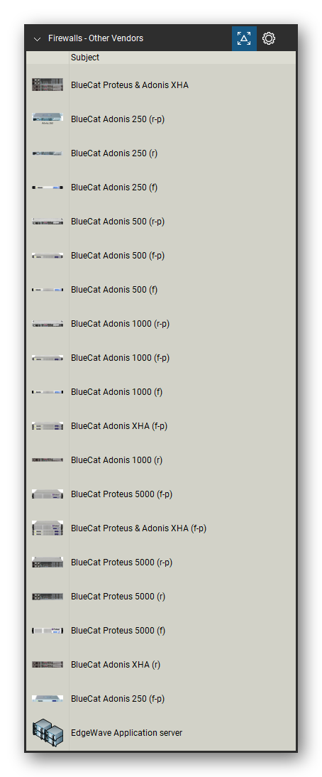Firewalls & Security Appliances tool set for Bluebeam Revu, Other Vendors set (tools 21-40 of 117) - 20 views of 17 devices, front and rear: BlueCat Proteus & Adonis XHA, BlueCat Adonis 250 (r-p), BlueCat Adonis 250, BlueCat Adonis 500 (r-p), BlueCat Adonis 500 (f-p), BlueCat Adonis 500, BlueCat Adonis 1000 (r-p), BlueCat Adonis 1000 (f-p), BlueCat Adonis 1000, BlueCat Adonis XHA (f-p) and 7 more. Tool Chest in Detail view, one row per tool with its name.
