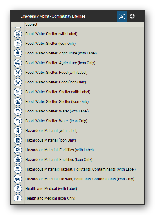 Incident & Emergency Management tool set for Bluebeam Revu, Community Lifelines set (tools 19-36 of 70) - 18 tools: Food, Water, Shelter (with Label), Food, Water, Shelter (Icon Only), Food, Water, Shelter: Agriculture, Food, Water, Shelter: Agriculture (Icon, Food, Water, Shelter: Food (with Label), Food, Water, Shelter: Food (Icon Only), Food, Water, Shelter: Shelter (with Label), Food, Water, Shelter: Shelter (Icon Only), Food, Water and more. Tool Chest in Detail view, one row per tool with its name.