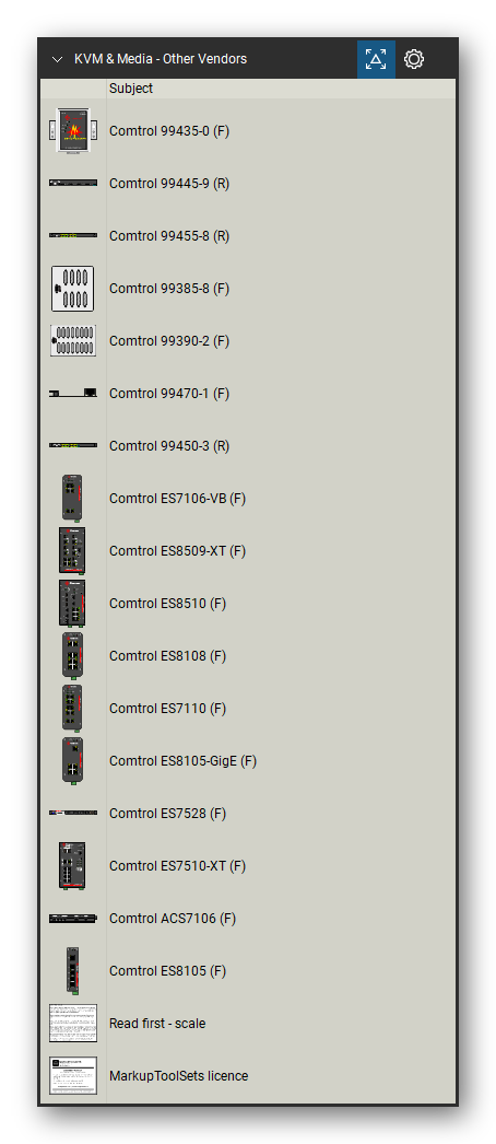 KVM, Console Servers & Media Converters tool set for Bluebeam Revu, Other Vendors set (tools 21-37 of 37) - 17 tools: Comtrol 99435-0, Comtrol 99445-9, Comtrol 99455-8, Comtrol 99385-8, Comtrol 99390-2, Comtrol 99470-1, Comtrol 99450-3, Comtrol ES7106-VB, Comtrol ES8509-XT, Comtrol ES8510 and 7 more. Tool Chest in Detail view, one row per tool with its name.