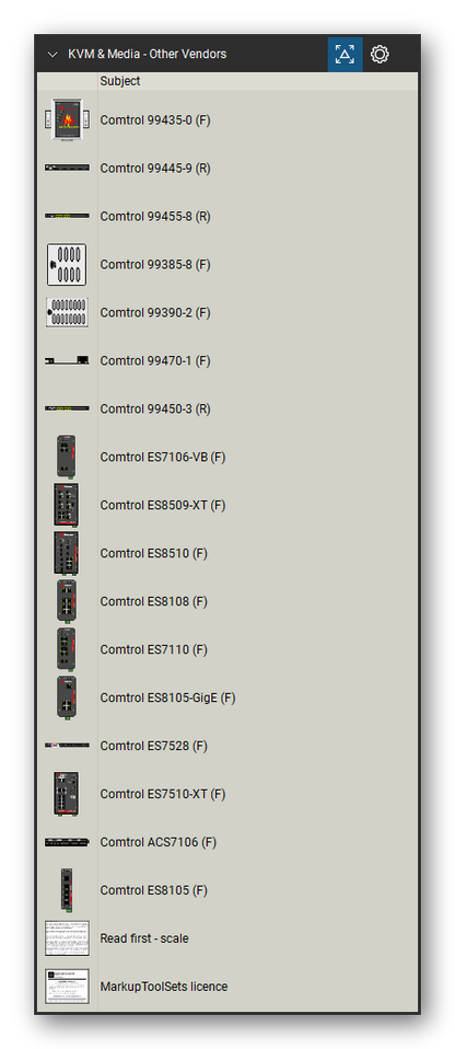 KVM, Console Servers & Media Converters tool set for Bluebeam Revu, Other Vendors set (tools 21-37 of 37) - 17 tools: Comtrol 99435-0, Comtrol 99445-9, Comtrol 99455-8, Comtrol 99385-8, Comtrol 99390-2, Comtrol 99470-1, Comtrol 99450-3, Comtrol ES7106-VB, Comtrol ES8509-XT, Comtrol ES8510 and 7 more. Tool Chest in Detail view, one row per tool with its name.