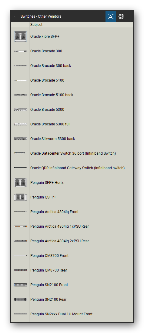 Network Switches & Routers tool set for Bluebeam Revu, Other Vendors set (tools 1-20 of 26) - 20 views of 16 devices, front and rear: Oracle Fibre SFP+, Oracle Brocade 300, Oracle Brocade 5100, Oracle Brocade 5300, Oracle Brocade 5300 full, Oracle Silkworm 5300, Oracle Datacenter Switch 36 port (Infiniband, Oracle QDR Infiniband Gateway Switch, Penguin SFP+ Horiz., Penguin QSFP+ and 6 more. Tool Chest in Detail view, one row per tool with its name.