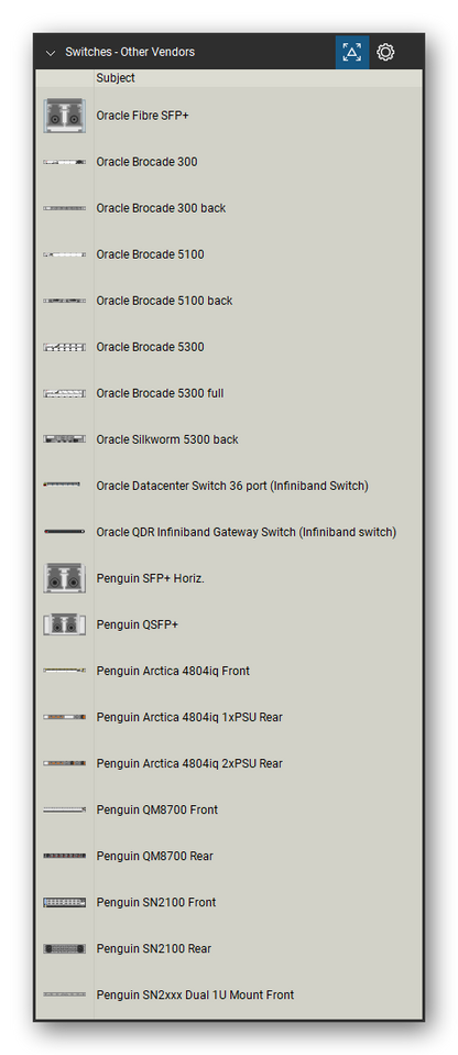 Network Switches & Routers tool set for Bluebeam Revu, Other Vendors set (tools 1-20 of 26) - 20 views of 16 devices, front and rear: Oracle Fibre SFP+, Oracle Brocade 300, Oracle Brocade 5100, Oracle Brocade 5300, Oracle Brocade 5300 full, Oracle Silkworm 5300, Oracle Datacenter Switch 36 port (Infiniband, Oracle QDR Infiniband Gateway Switch, Penguin SFP+ Horiz., Penguin QSFP+ and 6 more. Tool Chest in Detail view, one row per tool with its name.