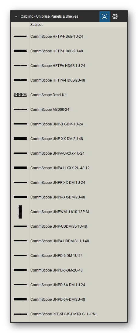 Patch Panels, Fiber & Outlets tool set for Bluebeam Revu, Uniprise Panels & Shelves set (tools 1-20 of 84) - 20 tools: CommScope HFTP-HD6B-1U-24, CommScope HFTP-HD6B-2U-48, CommScope HFTPA-HD6B-1U-24, CommScope HFTPA-HD6B-2U-48, CommScope Bezel Kit, CommScope M3000-24, CommScope UNP-XX-DM-1U-24, CommScope UNP-XX-DM-2U-48, CommScope UNPA-U-XXX-1U-24, CommScope UNPA-U-XXX-2U-48.12 and 10 more. Tool Chest in Detail view, one row per tool with its name.