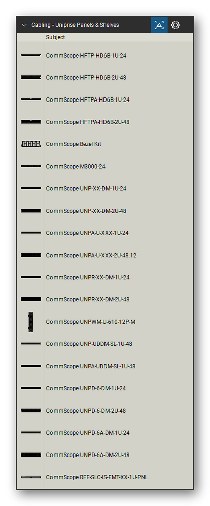 Patch Panels, Fiber & Outlets tool set for Bluebeam Revu, Uniprise Panels & Shelves set (tools 1-20 of 84) - 20 tools: CommScope HFTP-HD6B-1U-24, CommScope HFTP-HD6B-2U-48, CommScope HFTPA-HD6B-1U-24, CommScope HFTPA-HD6B-2U-48, CommScope Bezel Kit, CommScope M3000-24, CommScope UNP-XX-DM-1U-24, CommScope UNP-XX-DM-2U-48, CommScope UNPA-U-XXX-1U-24, CommScope UNPA-U-XXX-2U-48.12 and 10 more. Tool Chest in Detail view, one row per tool with its name.