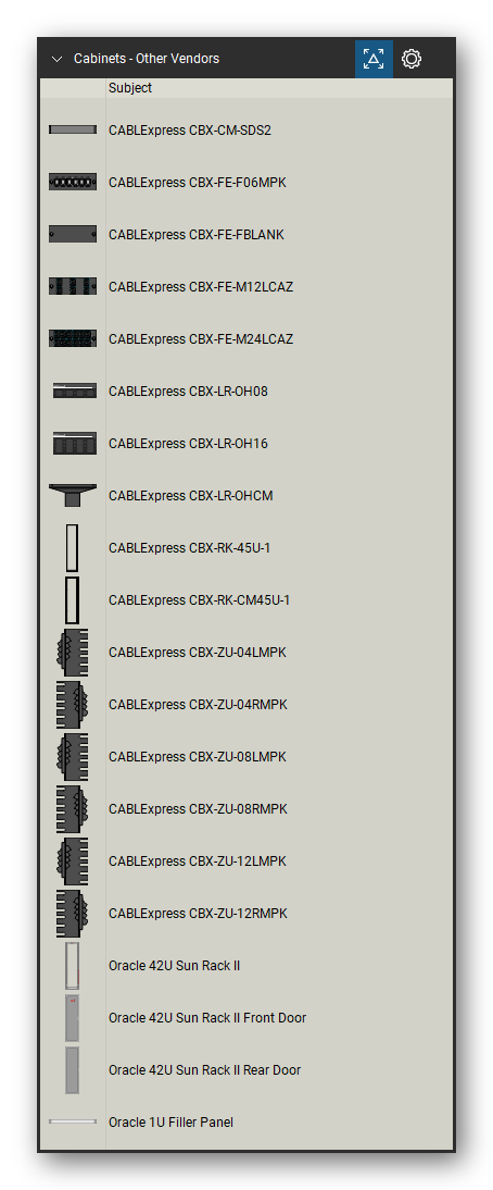 Racks, Cabinets & Cable Pathways tool set for Bluebeam Revu, Other Vendors set (tools 1-20 of 43) - 20 tools: CABLExpress CBX-CM-SDS2, CABLExpress CBX-FE-F06MPK, CABLExpress CBX-FE-FBLANK, CABLExpress CBX-FE-M12LCAZ, CABLExpress CBX-FE-M24LCAZ, CABLExpress CBX-LR-OH08, CABLExpress CBX-LR-OH16, CABLExpress CBX-LR-OHCM, CABLExpress CBX-RK-45U-1, CABLExpress CBX-RK-CM45U-1 and 10 more. Tool Chest in Detail view, one row per tool with its name.