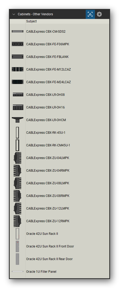 Racks, Cabinets & Cable Pathways tool set for Bluebeam Revu, Other Vendors set (tools 1-20 of 43) - 20 tools: CABLExpress CBX-CM-SDS2, CABLExpress CBX-FE-F06MPK, CABLExpress CBX-FE-FBLANK, CABLExpress CBX-FE-M12LCAZ, CABLExpress CBX-FE-M24LCAZ, CABLExpress CBX-LR-OH08, CABLExpress CBX-LR-OH16, CABLExpress CBX-LR-OHCM, CABLExpress CBX-RK-45U-1, CABLExpress CBX-RK-CM45U-1 and 10 more. Tool Chest in Detail view, one row per tool with its name.
