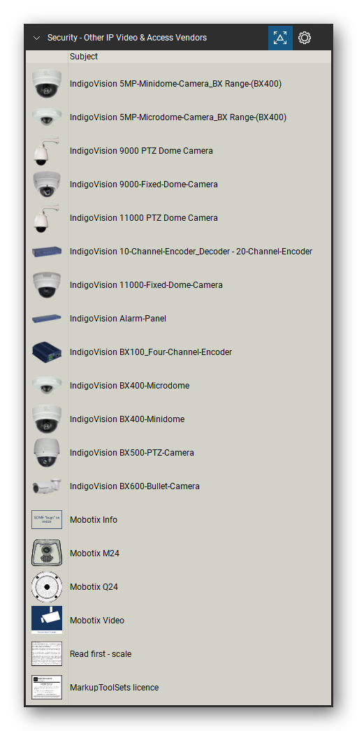 Security & Surveillance tool set for Bluebeam Revu, Other IP Video & Access Vendors set (tools 38-54 of 54) - 17 tools: IndigoVision 5MP-Minidome-Camera_BX, IndigoVision 5MP-Microdome-Camera_BX, IndigoVision 9000 PTZ Dome Camera, IndigoVision 9000-Fixed-Dome-Camera, IndigoVision 11000 PTZ Dome Camera, IndigoVision 10-Channel-Encoder_Decoder, IndigoVision 11000-Fixed-Dome-Camera, IndigoVision Alarm-Panel and more. Tool Chest in Detail view, one row per tool with its name.