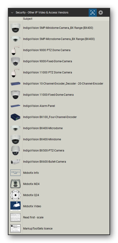 Security & Surveillance tool set for Bluebeam Revu, Other IP Video & Access Vendors set (tools 38-54 of 54) - 17 tools: IndigoVision 5MP-Minidome-Camera_BX, IndigoVision 5MP-Microdome-Camera_BX, IndigoVision 9000 PTZ Dome Camera, IndigoVision 9000-Fixed-Dome-Camera, IndigoVision 11000 PTZ Dome Camera, IndigoVision 10-Channel-Encoder_Decoder, IndigoVision 11000-Fixed-Dome-Camera, IndigoVision Alarm-Panel and more. Tool Chest in Detail view, one row per tool with its name.