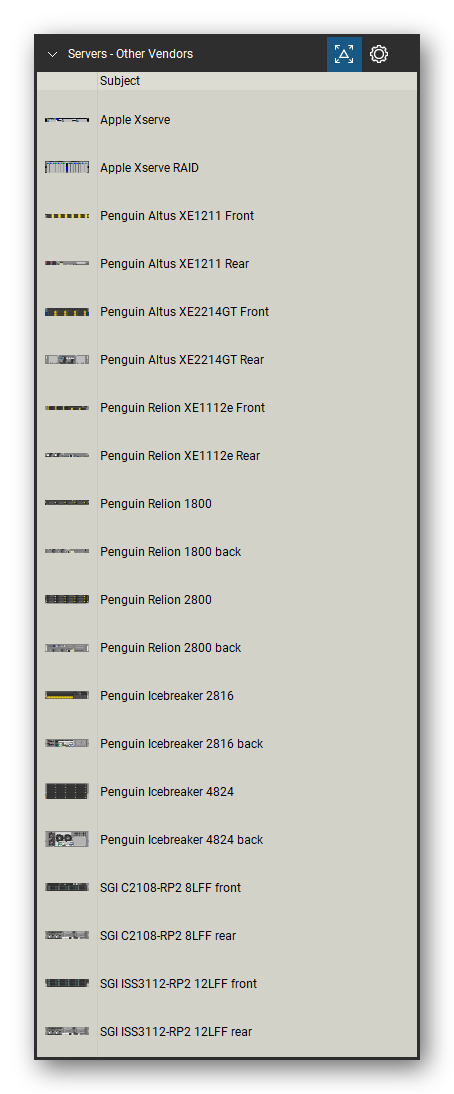 Servers tool set for Bluebeam Revu, Other Vendors set (tools 1-20 of 36) - 20 views of 11 devices, front and rear: Apple Xserve, Apple Xserve RAID, Penguin Altus XE1211, Penguin Altus XE2214GT, Penguin Relion XE1112e, Penguin Relion 1800, Penguin Relion 2800, Penguin Icebreaker 2816, Penguin Icebreaker 4824, SGI C2108-RP2 8LFF and 1 more. Tool Chest in Detail view, one row per tool with its name.