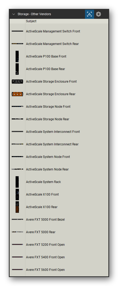 Storage & Backup tool set for Bluebeam Revu, Other Vendors set (tools 1-20 of 160) - 20 views of 13 devices, front and rear: ActiveScale Management Switch, ActiveScale P100 Base, ActiveScale Storage Enclosure, ActiveScale Storage Node, ActiveScale System Interconnect, ActiveScale System Node, ActiveScale System Rack, ActiveScale X100, Avere FXT 5000 Front Bezel, Avere FXT 5000 and 3 more. Tool Chest in Detail view, one row per tool with its name.