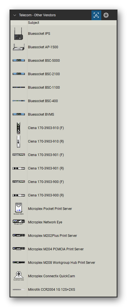 Telecom, Voice & Wireless tool set for Bluebeam Revu, Other Vendors set (tools 1-20 of 72) - 20 views of 17 devices, front and rear: Bluesocket IPS, Bluesocket AP-1500, Bluesocket BSC-5000, Bluesocket BSC-2100, Bluesocket BSC-1100, Bluesocket BSC-400, Bluesocket BVMS, Ciena 170-3903-910, Ciena 170-3903-901, Ciena 170-3903-900 and 7 more. Tool Chest in Detail view, one row per tool with its name.