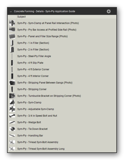 Details sym ply application guide in the Concrete Forming Takeoff & Estimating Bluebeam tool set (sheet 1 of 9)