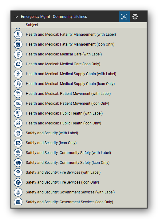 Incident & Emergency Management tool set for Bluebeam Revu, Community Lifelines set (tools 37-54 of 70) - 18 tools: Health and Medical: Fatality Management, Health and Medical: Medical Care, Health and Medical: Medical Care (Icon Only), Health and Medical: Medical Supply Chain, Health and Medical: Patient Movement, Health and Medical: Patient Movement (Icon, Health and Medical: Public Health, Health and Medical: Public Health (Icon and more. Tool Chest in Detail view, one row per tool with its name.