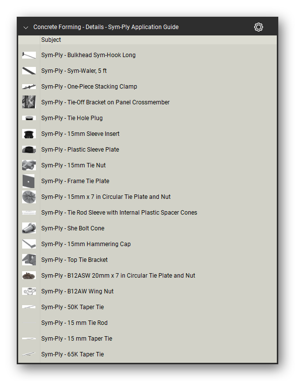 Details sym ply application guide in the Concrete Forming Takeoff & Estimating Bluebeam tool set (sheet 2 of 9)