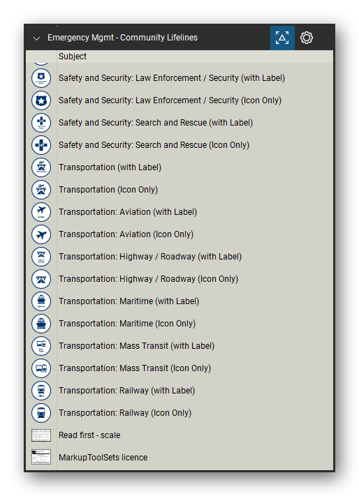 Incident & Emergency Management tool set for Bluebeam Revu, Community Lifelines set (tools 55-70 of 70) - 16 tools: Safety and Security: Law Enforcement, Safety and Security: Search and Rescue, Safety and Security: Search and Rescue (Icon, Transportation (with Label), Transportation (Icon Only), Transportation: Aviation (with Label), Transportation: Aviation (Icon Only), Transportation: Highway / Roadway and more. Tool Chest in Detail view, one row per tool with its name.